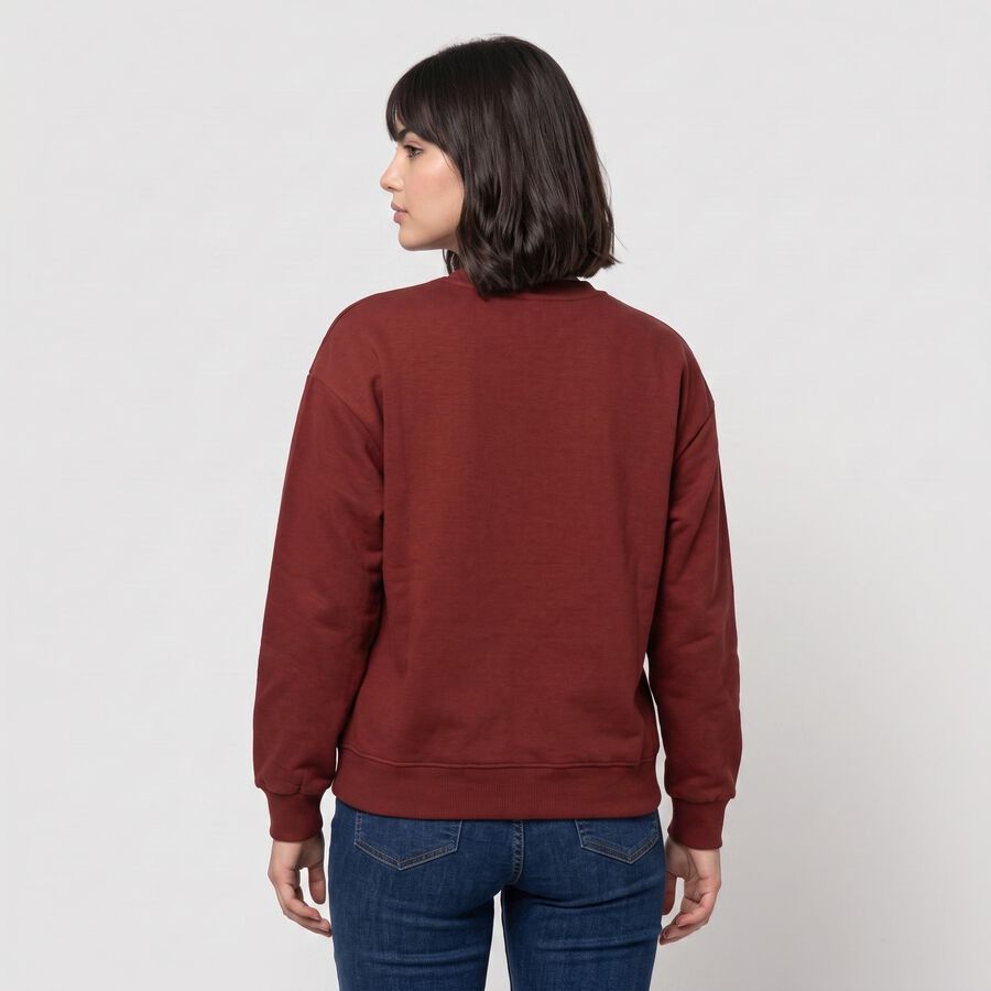 Women Maroon Crew Neck Pullover Sweatshirt, Rust, large