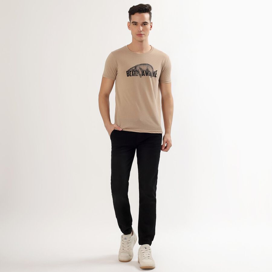 Men's Jet Black Slim Fit Elastic Waist Jeans, काला, large image number null