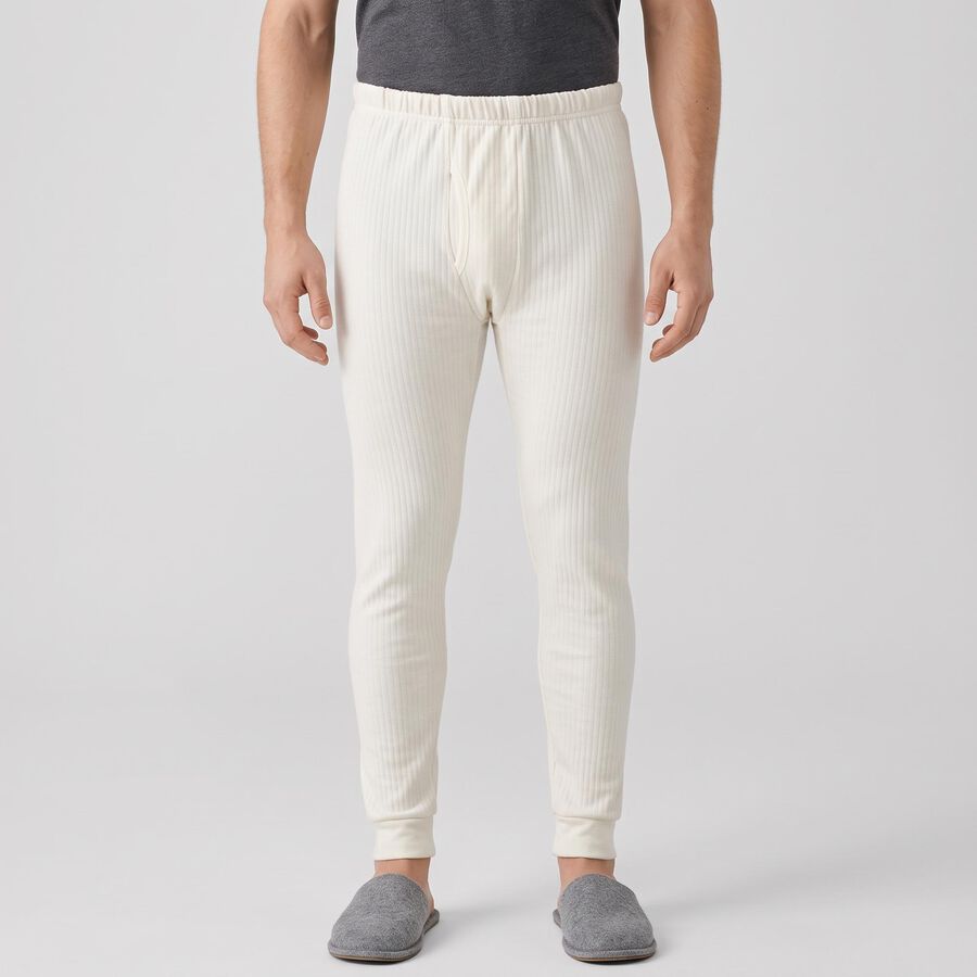 Men's Cream Ribbed Long Johns Thermal, ऑफ व्हाइट, large