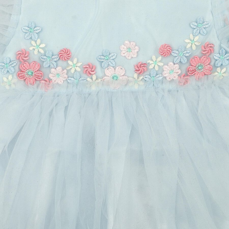 Girls' Light Blue Fit and Flare Embroidered Puff Sleeve Frock, Light Blue, large