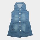 Girls' Blue Shirt Style Sleeveless Button Front Frock, मध्यम नीला, small