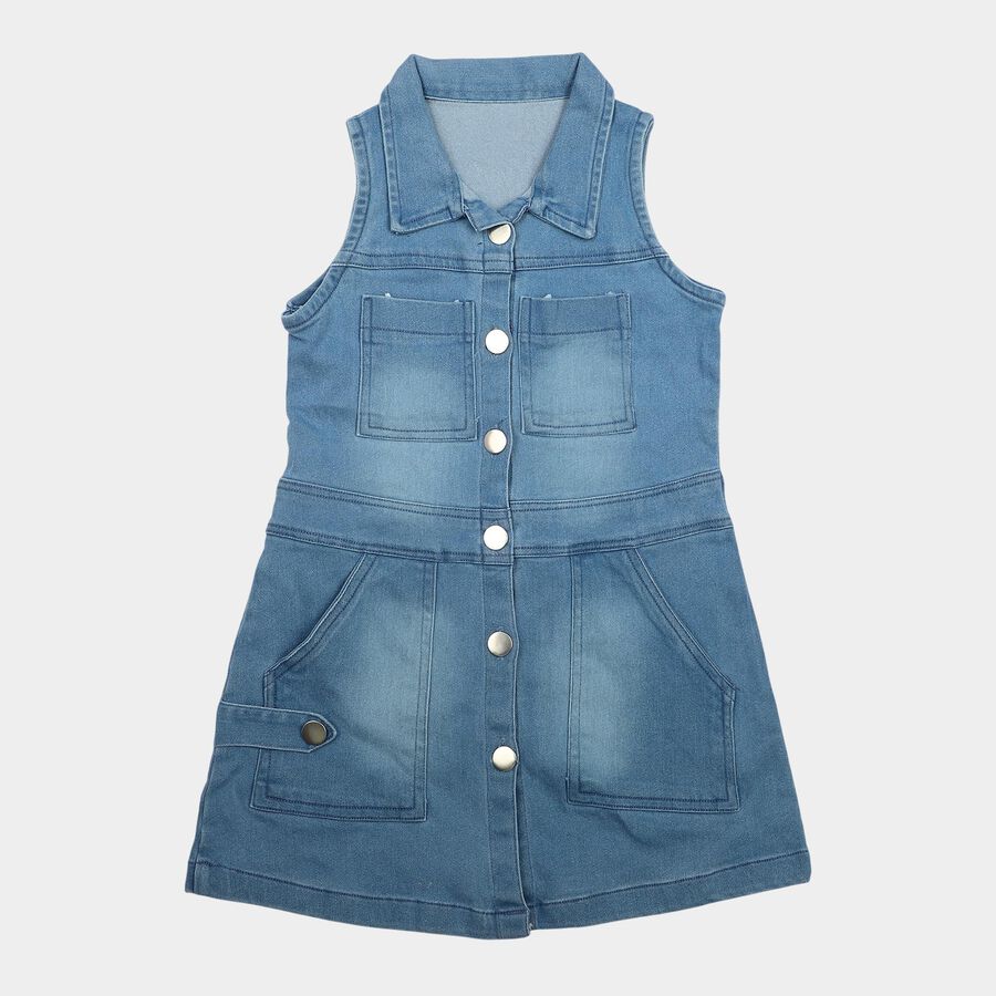 Girls' Blue Shirt Style Sleeveless Button Front Frock, मध्यम नीला, large