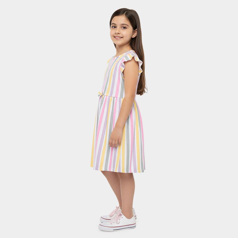 Girls' Multicolour Striped Flutter Sleeve Fit and Flare Frock, Off White, large