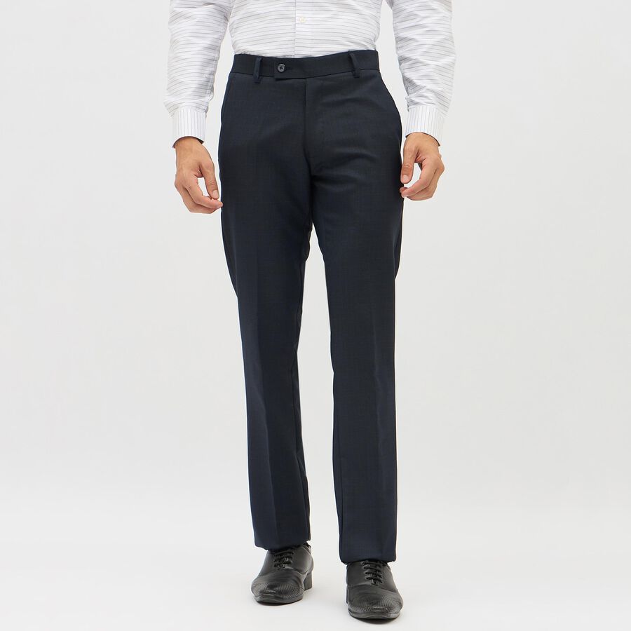 Men's Dark Charcoal Slim Fit Flat-Front Formal Trousers, Navy Blue, large image number null