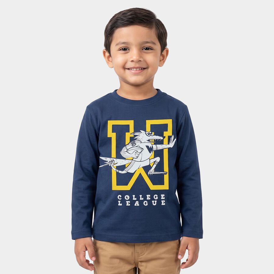 Boys' Navy Blue Cotton Blend Round Neck Regular Boys T-Shirt, नेवी ब्लू, large