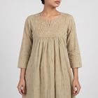 Women's Beige Cotton Notch Neck Embroidered Kurta, Beige, small