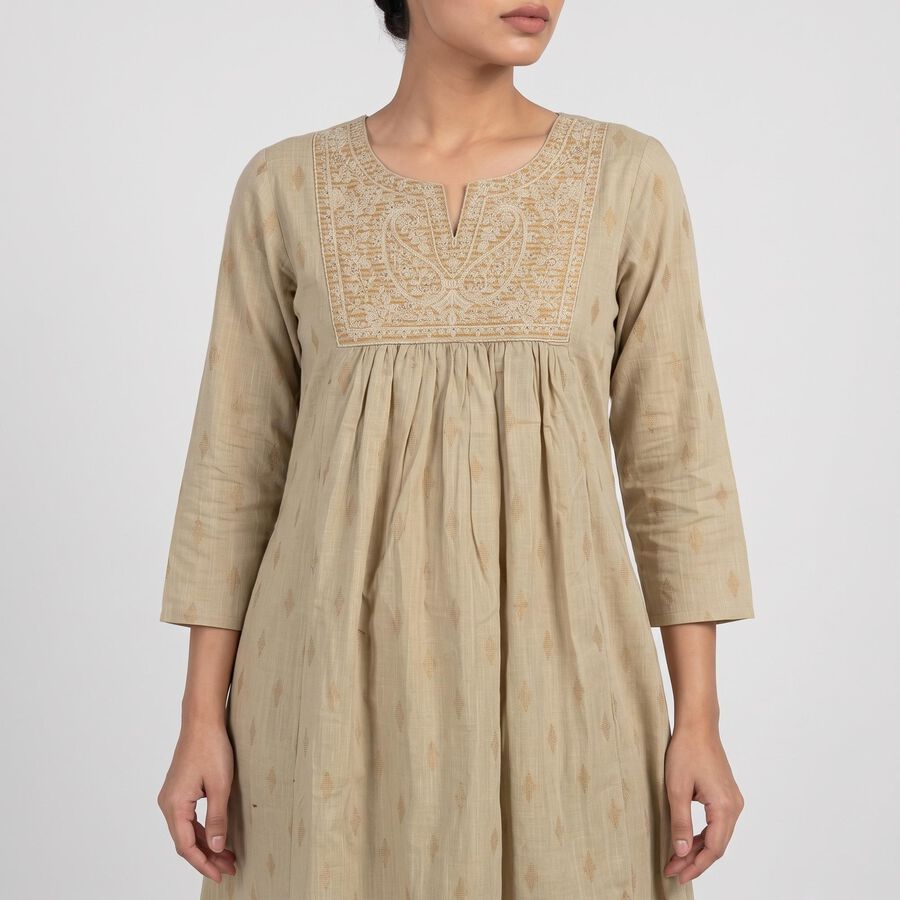 Women's Beige Cotton Notch Neck Embroidered Kurta, Beige, large