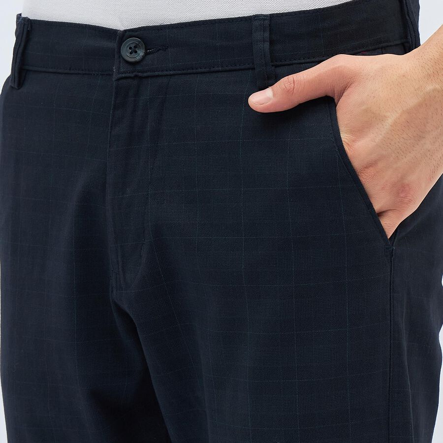 Men's Navy Blue Slim Fit Checkered Casual Trousers, Navy Blue, large image number null
