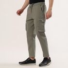 Men's Olive Green Slim Fit Flat-Front Trousers, Light Green, small