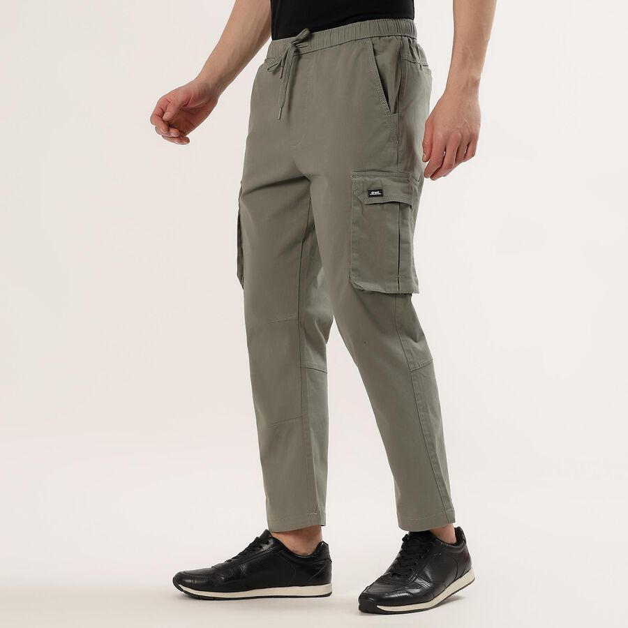 Men's Olive Green Slim Fit Flat-Front Trousers, Light Green, large