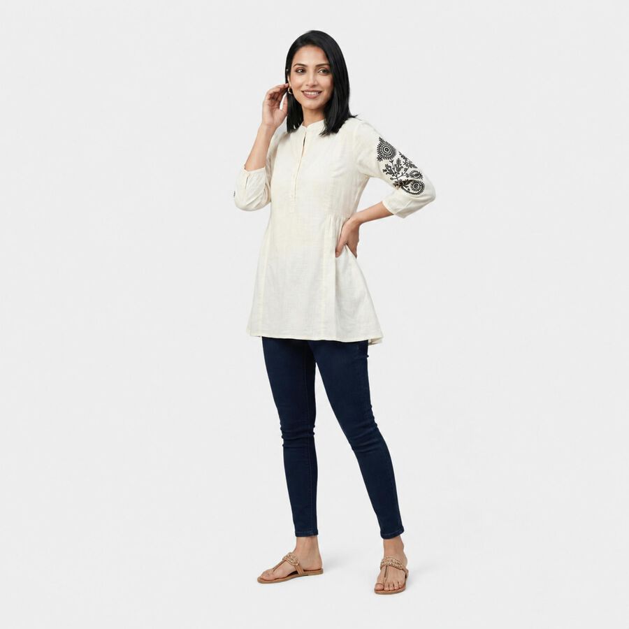 Women's White Round Neck Solid Kurti, सफ़ेद, large