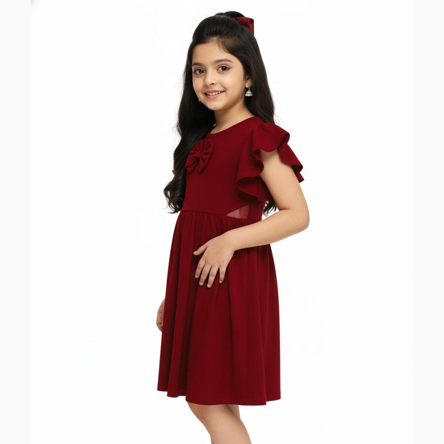 Girls Rich Maroon Bow Detail Ruffle Sleeve Dress, Maroon, large image number null