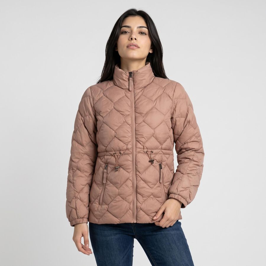 Women's Light Pink Stand Collar Puffer Jacket, Light Pink, large