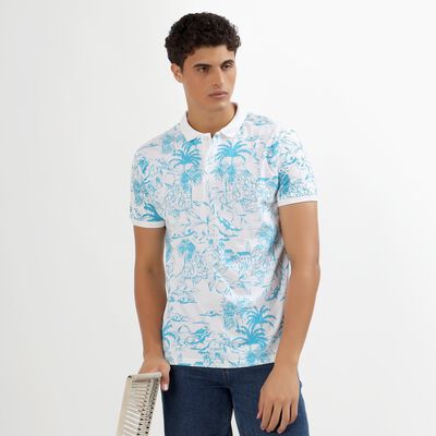 Men's White Cotton Polo Neck Tropical Printed T-Shirt