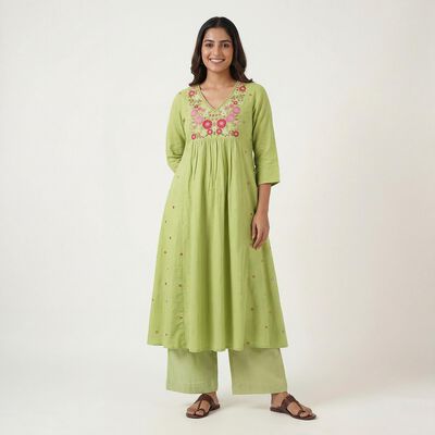 Women's Mint Green Cotton Notch Neck Printed Straight Kurta