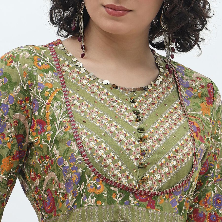 Women's Muted Sage Green Round Neck Floral Printed Kurta, हल्का हरा, large image number null