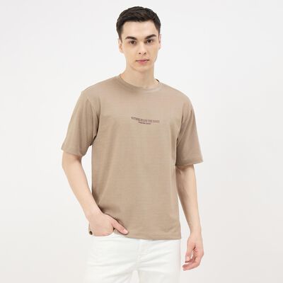 Men's Khaki Round Neck Graphic Print T-Shirt