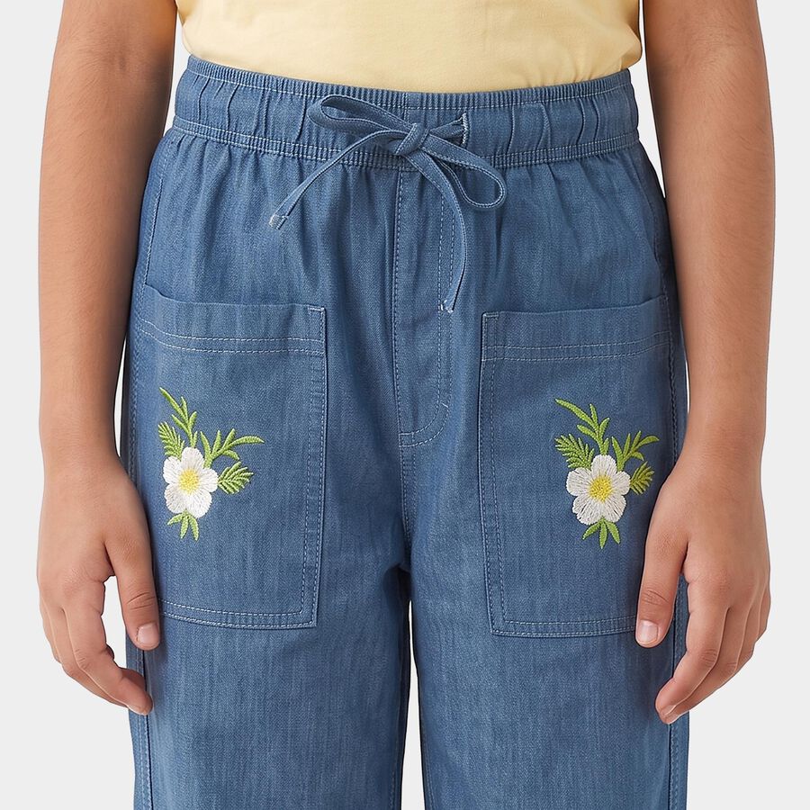 Girls Blue Jogger Fit Embroidered Jeans, Mid Blue, large