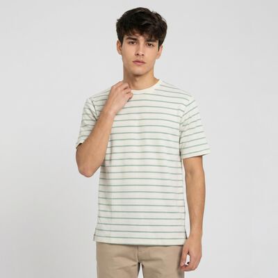 Men's Green Round Neck Regular Striped T-Shirt