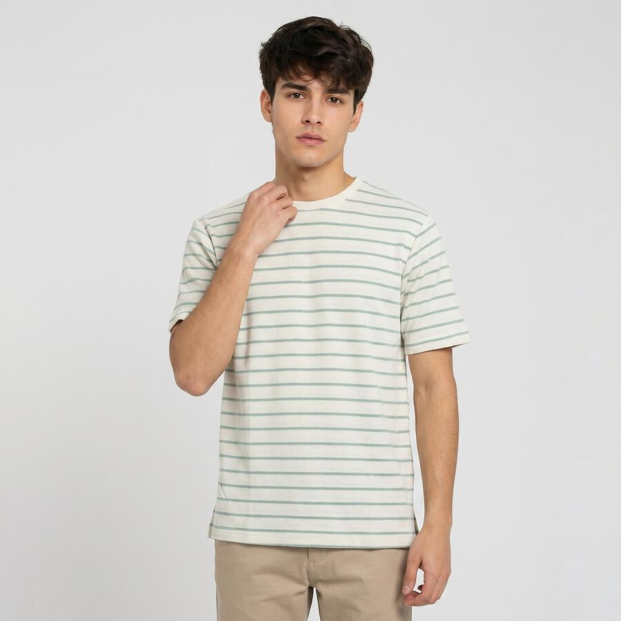 Men's Green Round Neck Regular Striped T-Shirt, हल्का हरा, large