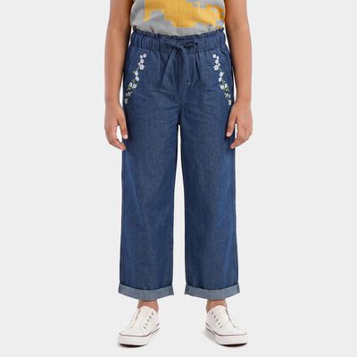 Girls Blue Wide Leg Embroidered Jeans