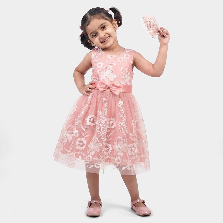 Girls' Pink Floral Embroidered Fit and Flare Frock, Pink, large