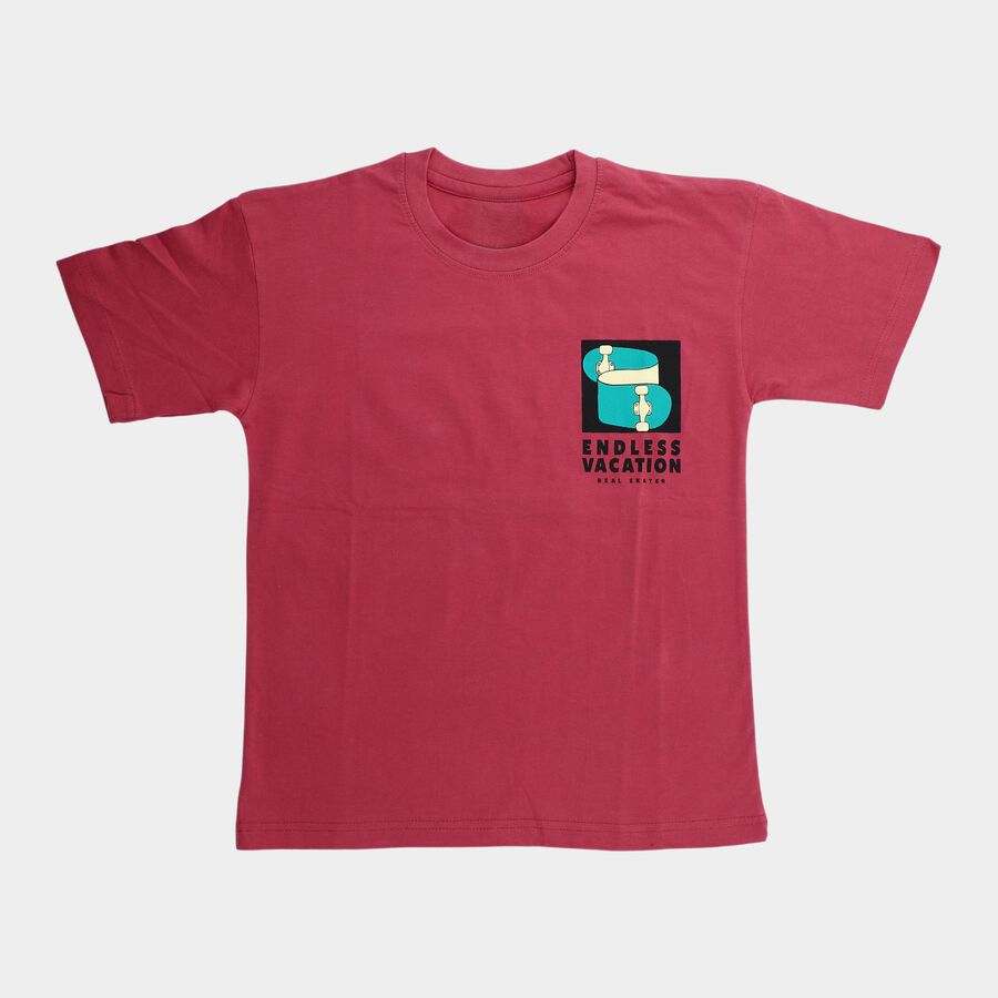 Boys Pink Cotton Round Neck Casual T-Shirt, Pink, large