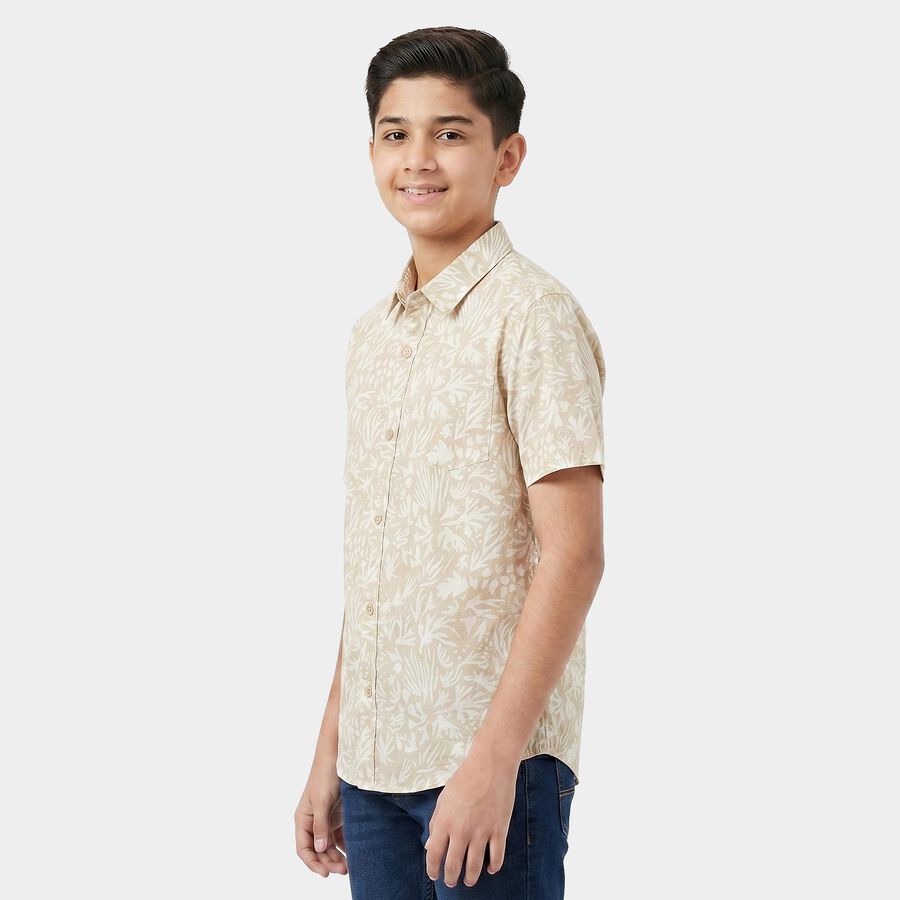 Boys Beige Cotton Printed Collar Regular Fit Shirt, Beige, large