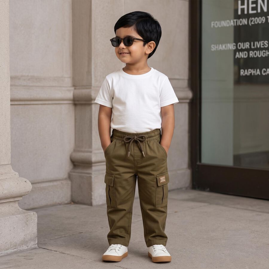 Boys' Olive Green Regular Fit Cargo Trousers, ओलिव, large