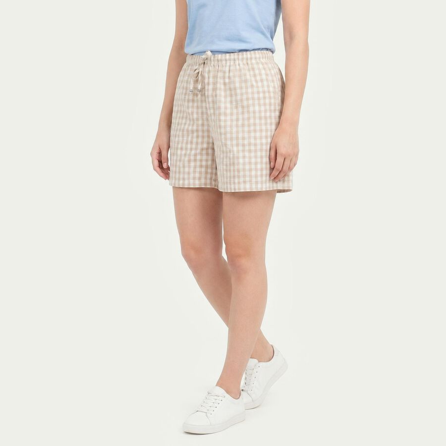 Women's Beige Regular Fit Checked Shorts, गहरा पीला, large