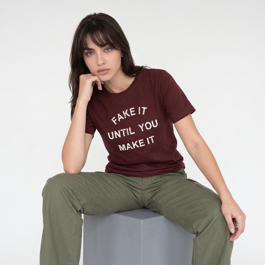 Women Wine Round Neck Regular T-Shirt, Wine, large
