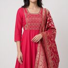 Women's Pink Embroidered Ethnic Set, रानी (फ्यूशिया), small