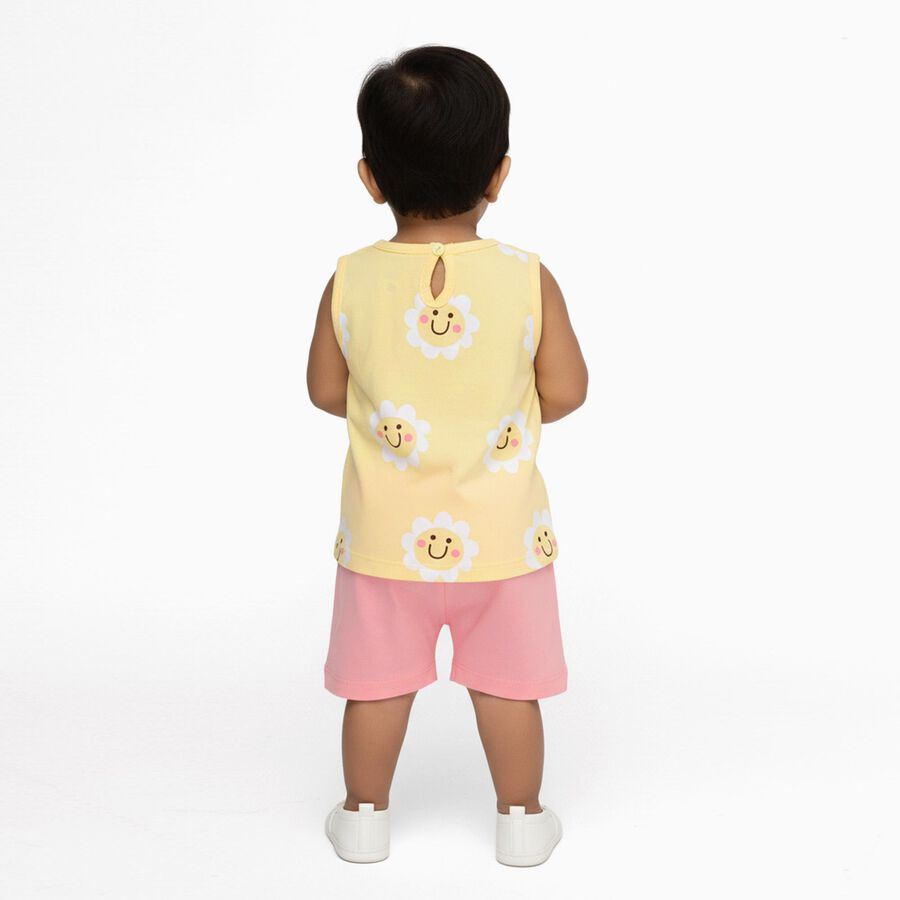 Infant Girl Bright Yellow Cotton Sleeveless Floral Top and Soft Pink Shorts Set, Light Pink, large