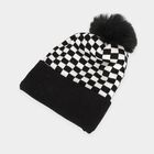 Boys' Black Checkered Pom Pom Beanie Cap, Black, small