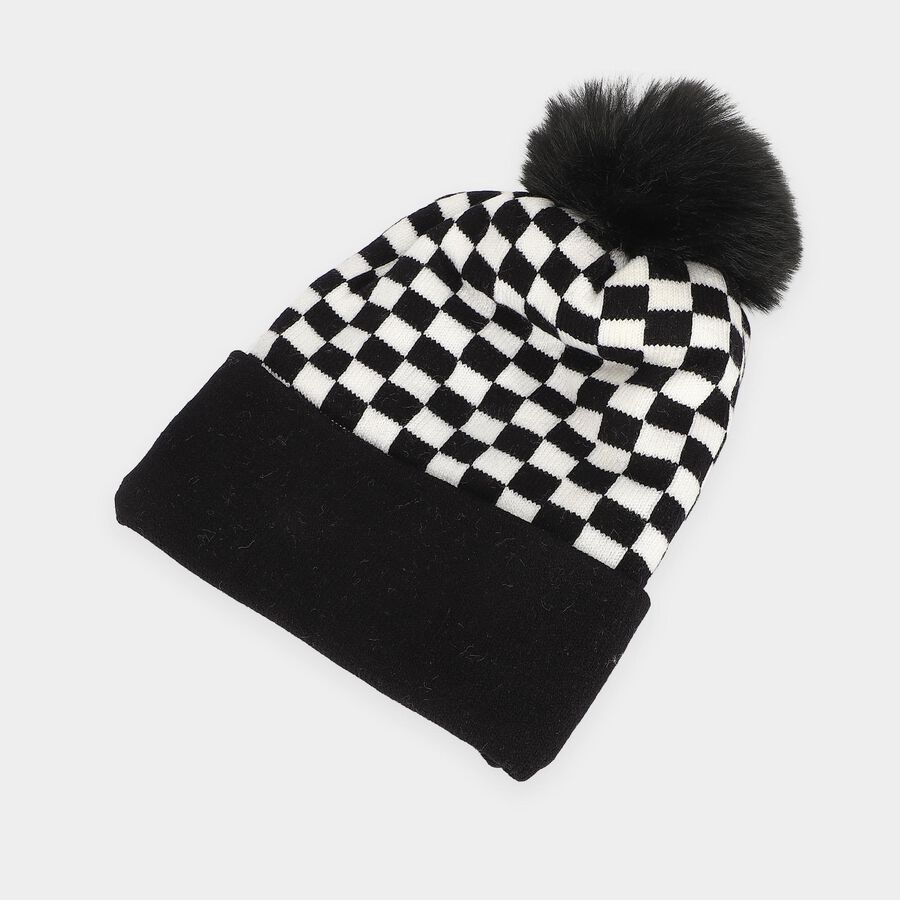 Boys' Black Checkered Pom Pom Beanie Cap, Black, large