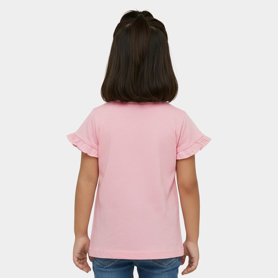 Girls' Pink Cotton Round Neck Ruffle Sleeve Sequined T-Shirt, Light Pink, large