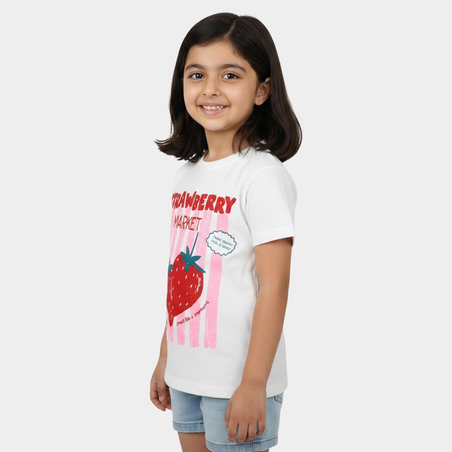 Girls White Crew Neck Regular T-Shirt, White, large