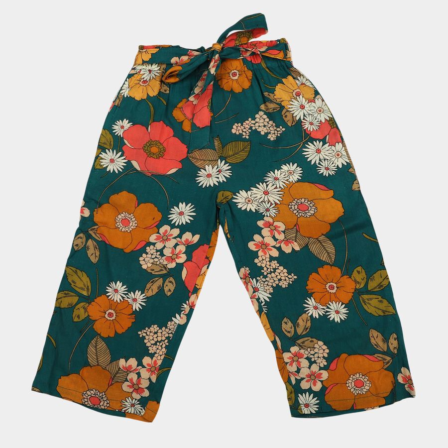 Girls Dark Green Regular Fit Floral Printed Capri, Dark Green, large