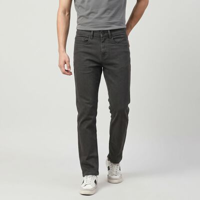 Men's Dark Grey Straight Fit Solid Jeans