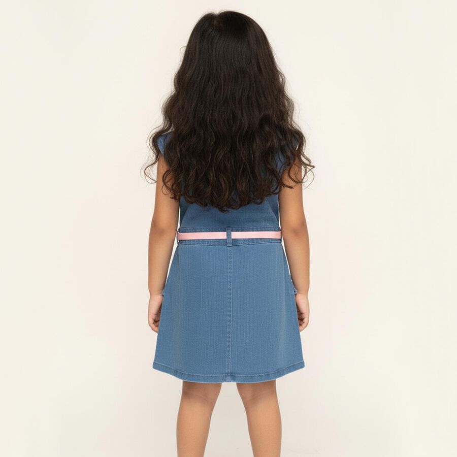 Girls' Light Denim Blue Sleeveless Ruffle Floral Embroidered Frock, Mid Blue, large image number null