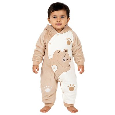 Infants' Beige Hooded Teddy Bear Applique Baba Suit