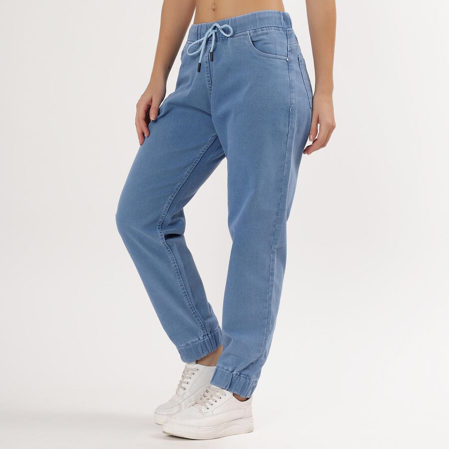 Women's Muted Denim Blue Jogger High-Rise Jeans, Mid Blue, large image number null