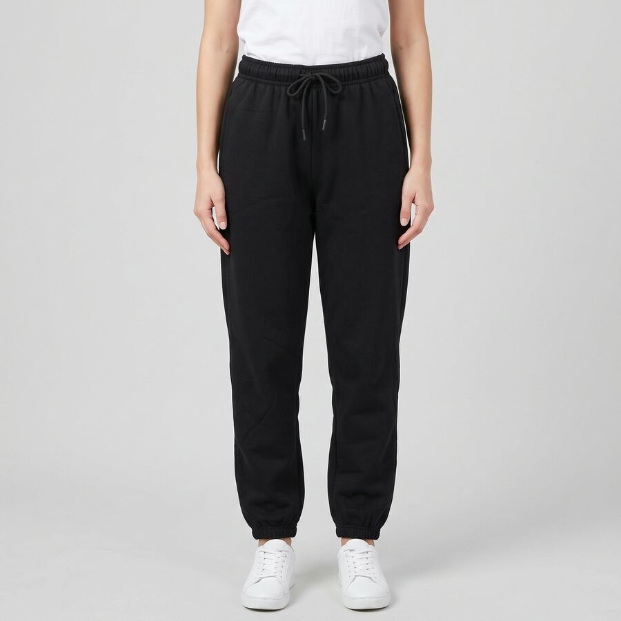 Women's Black Jogger Fit Solid Track Pants, काला, large