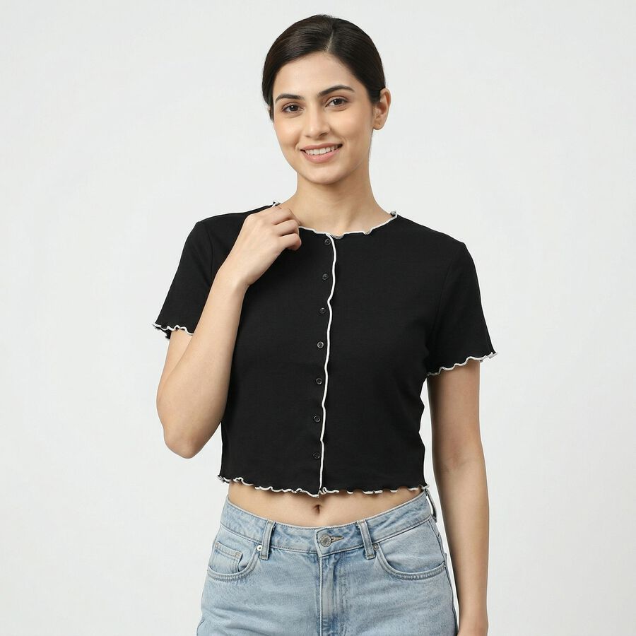 Women's Black Cotton Neck Top, Black, large