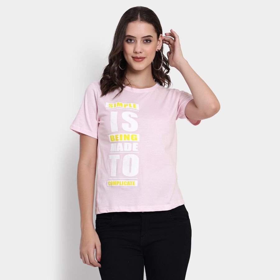 Ladies' 100% Cotton Round Neck T-Shirt , हल्का गुलाबी, large image number null