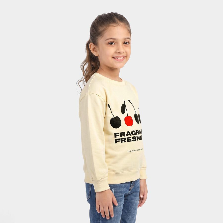 Girls' Cream Crew Neck Graphic Print Sweatshirt, ऑफ व्हाइट, large