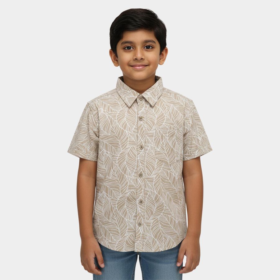 Boys' Beige Cotton Spread Collar Casual Shirt, Beige, large