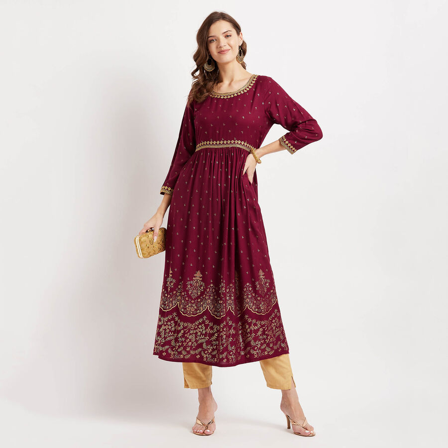 3/4Th Sleeves Flared Kurta, Wine, large image number null