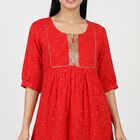 Women's Red Round Neck Printed A-Line Kurti, लाल, small