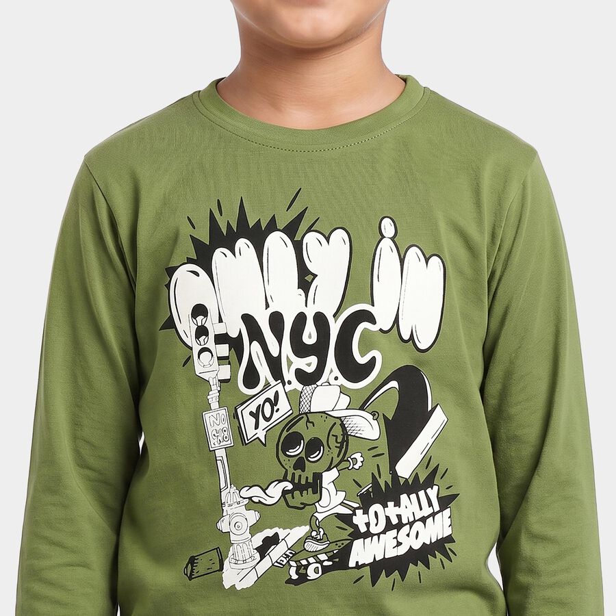Boys Olive Green Cotton Blend Crew Neck Regular T-Shirt, ओलिव, large